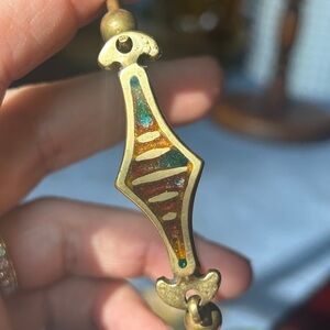 Vintage brass band bracelet with enamel inlay - boho tribal style jewelry